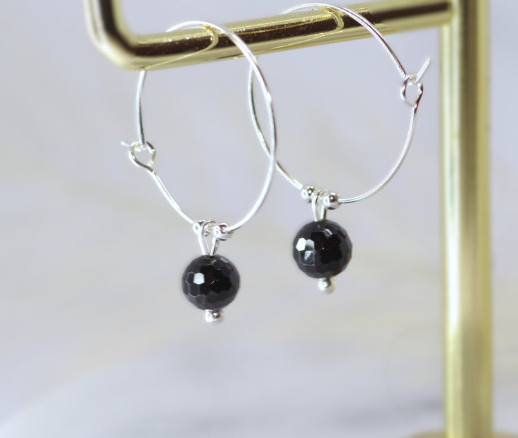 Black Spinel Silver Hoop Earrings