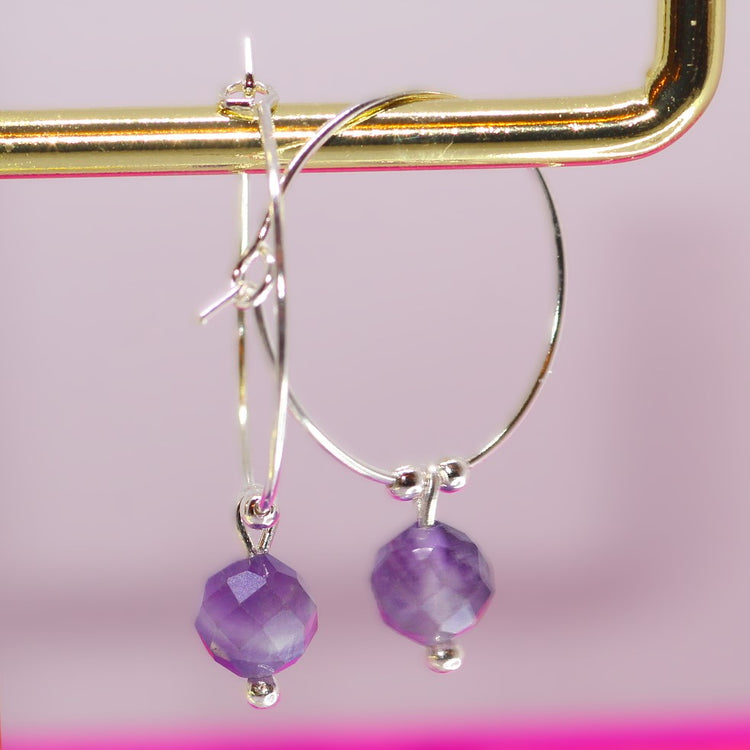 Amethyst Bead Silver Hoop Earrings