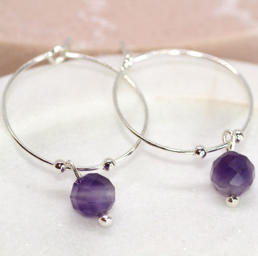 Amethyst Bead Silver Hoop Earrings
