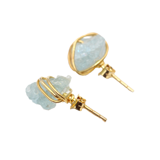 Aquamarine Wire Stud Silver Earrings