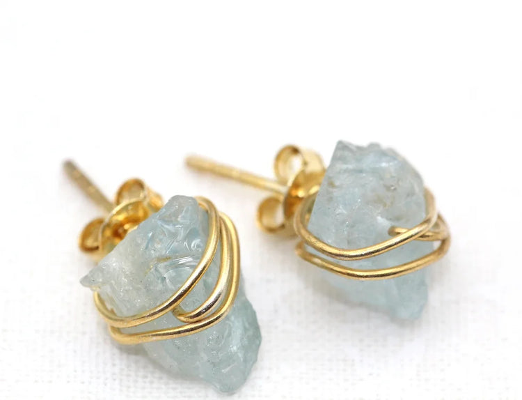 Aquamarine Wire Stud Silver Earrings