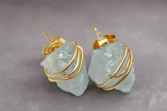 Aquamarine Wire Stud Silver Earrings