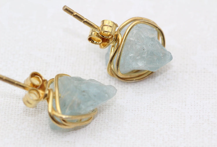 Aquamarine Wire Stud Silver Earrings