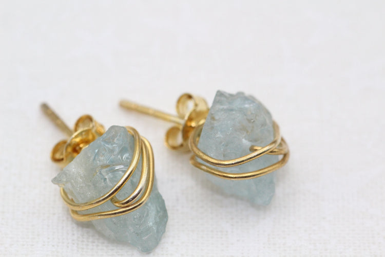 Aquamarine Wire Stud Silver Earrings