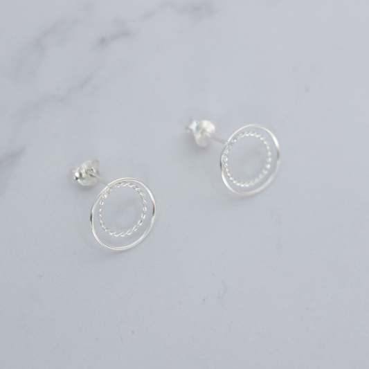 Silver Double Circle Stud Earrings