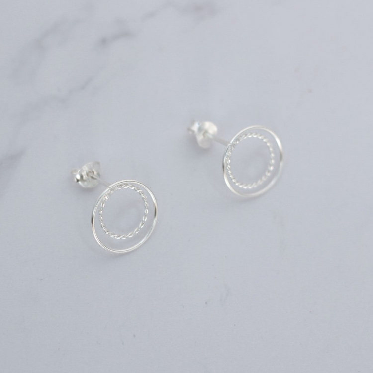 Silver Double Circle Stud Earrings