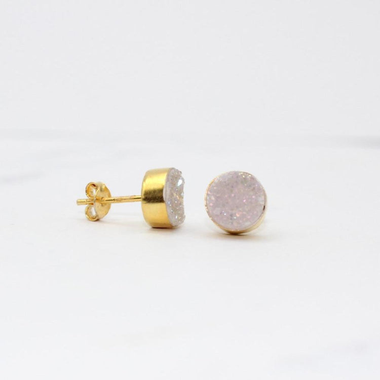 Druzy Quartz Stud Earrings Rainbow White