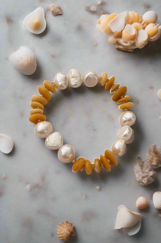 Yellow Jade & Cultured Pearl Beaded Stretch Bracelet