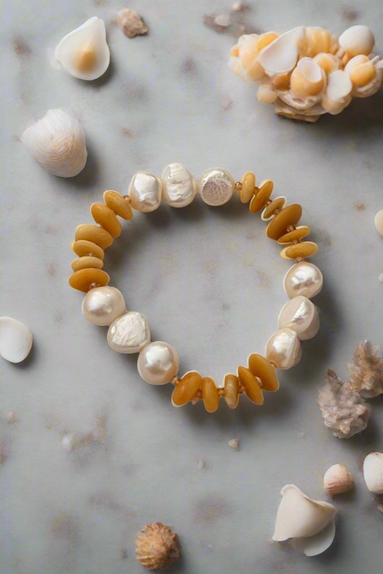 Yellow Jade & Cultured Pearl Beaded Stretch Bracelet