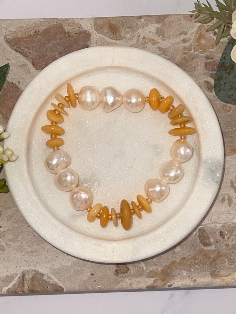 Yellow Jade & Cultured Pearl Beaded Stretch Bracelet