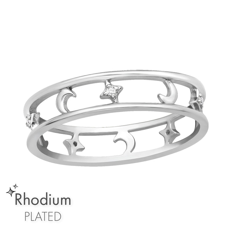 Alternating Moon and Star Sterling Silver Rhodium Plated Ring with White Cubic Zirconia