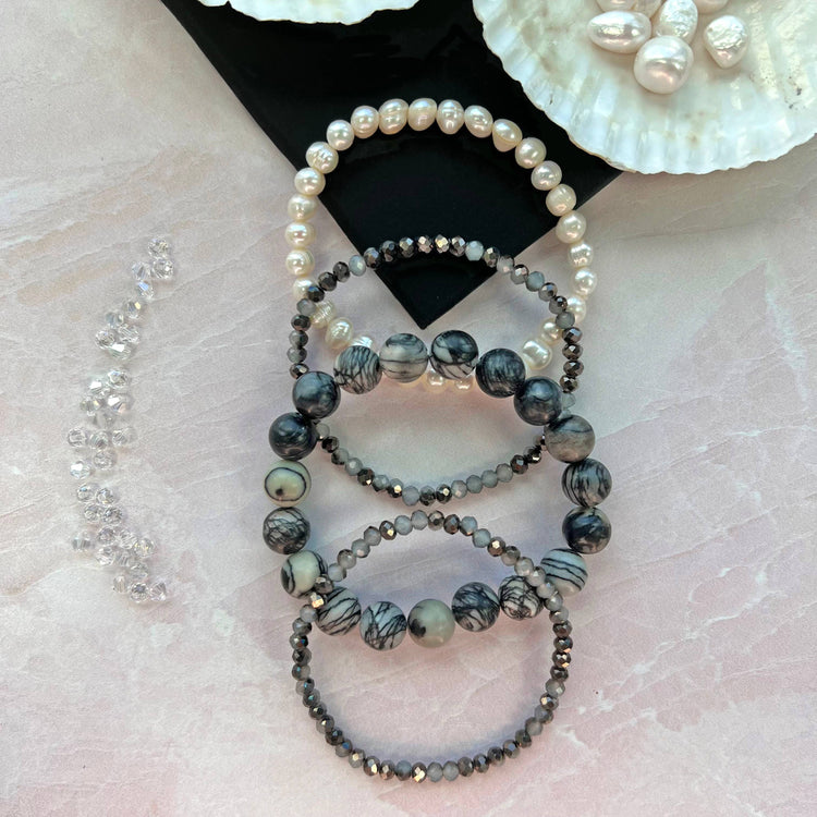 Silver Jasper, Cultured Pearl, and Crystal Bracelet Set