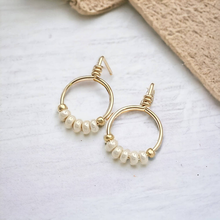 Gold & Pearl Lustre Beaded Hoop Stud Earrings