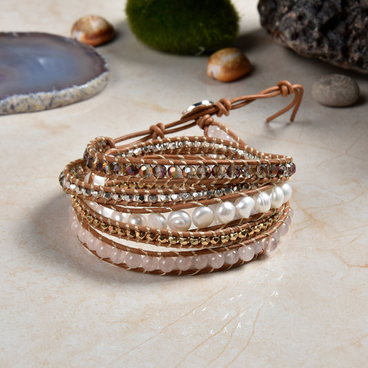 Pearl and Rose Quartz Mix-media Wrap Bracelet