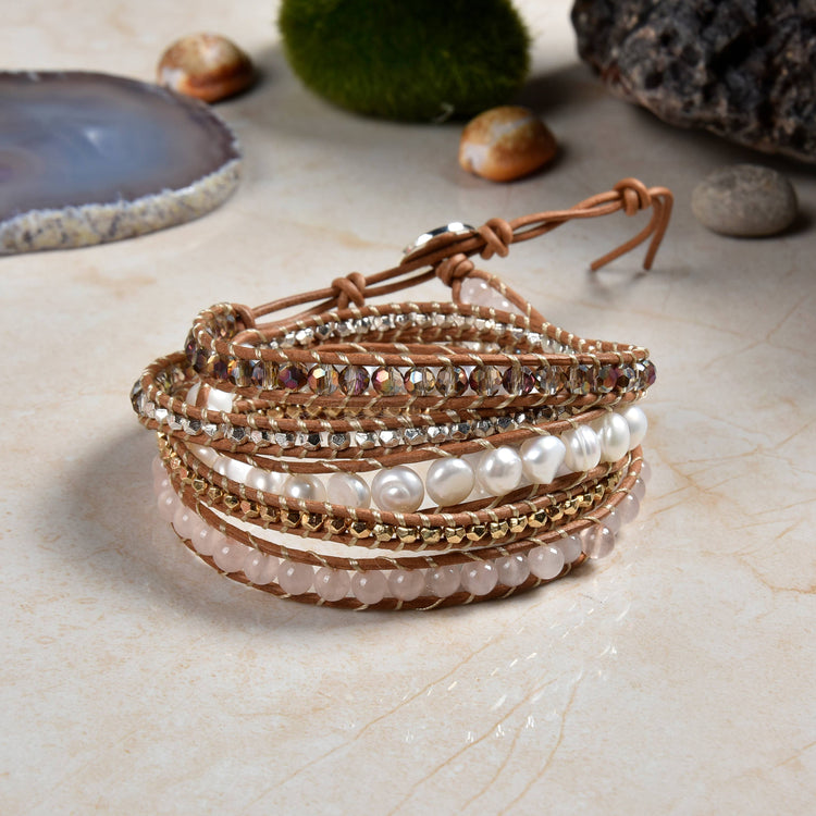 Pearl and Rose Quartz Mix-media Wrap Bracelet