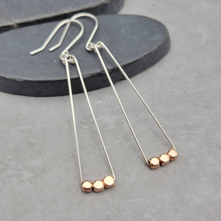 Sterling Silver and Copper Bead Triangle Dangle Earrings