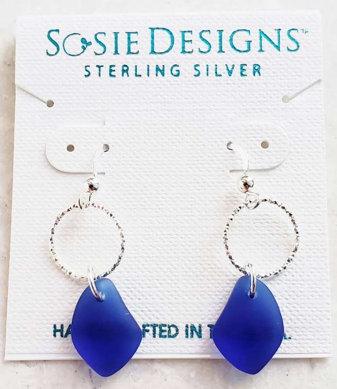 Silver Diamond Cut Sea Glass Pebble Earrings - Cobalt Blue