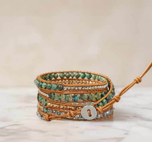 Celestial Grove – Five-Wrap African Turquoise & Crystal Brac