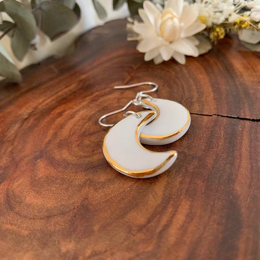 Moon shaped Porcelain Earrings with Gold: White