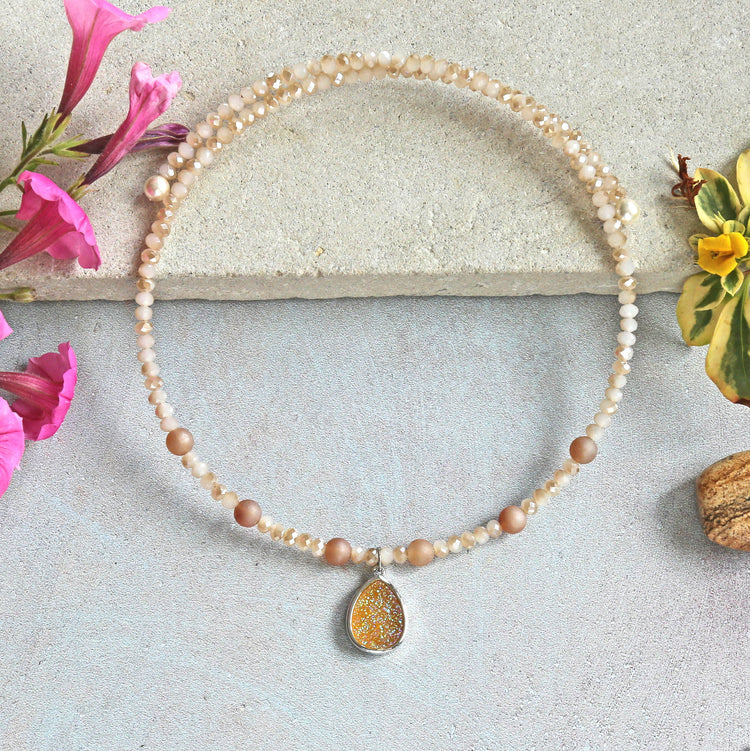 Peach Druzy Pendant Memory Wire Choker