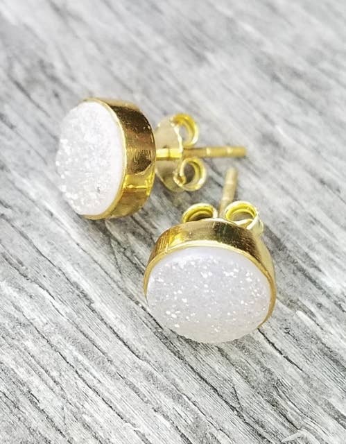 Druzy Quartz Stud Earrings Rainbow White
