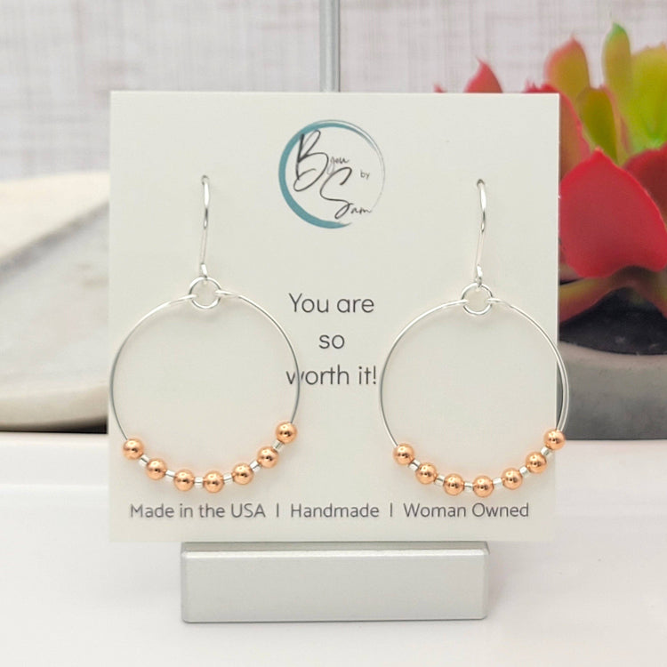 Silver Hoop Earrings with Copper Beads