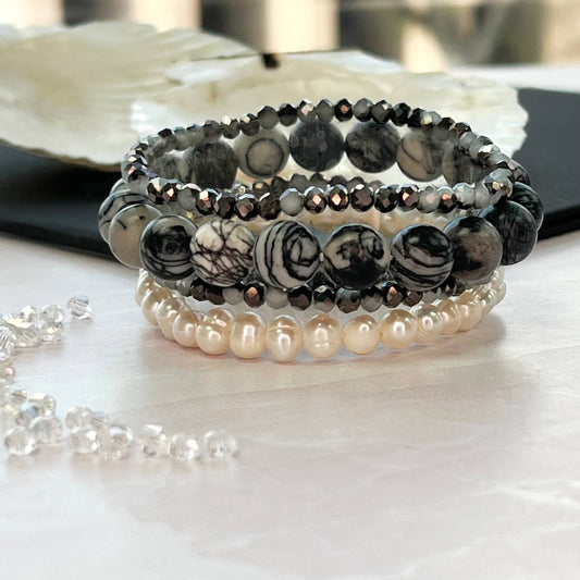Silver Jasper, Cultured Pearl, and Crystal Bracelet Set