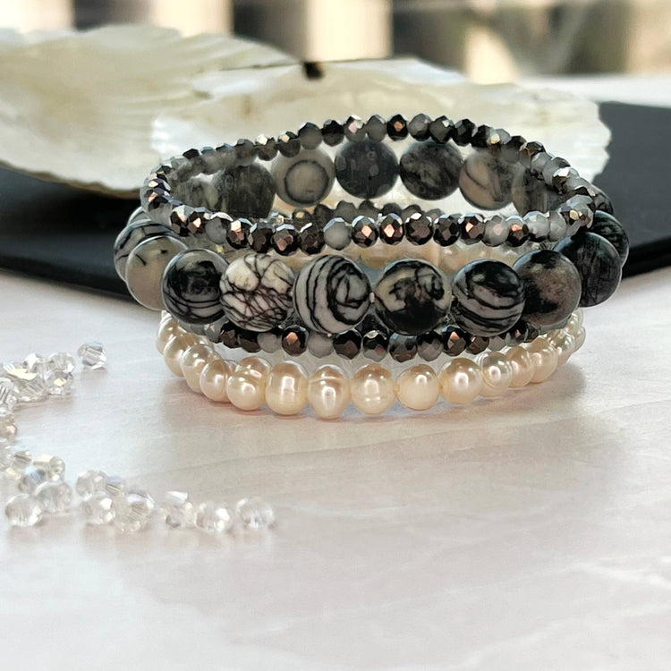 Silver Jasper, Cultured Pearl, and Crystal Bracelet Set
