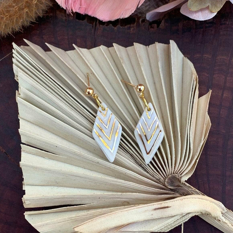 Ophelia - Porcelain Earrings with Gold finish: White