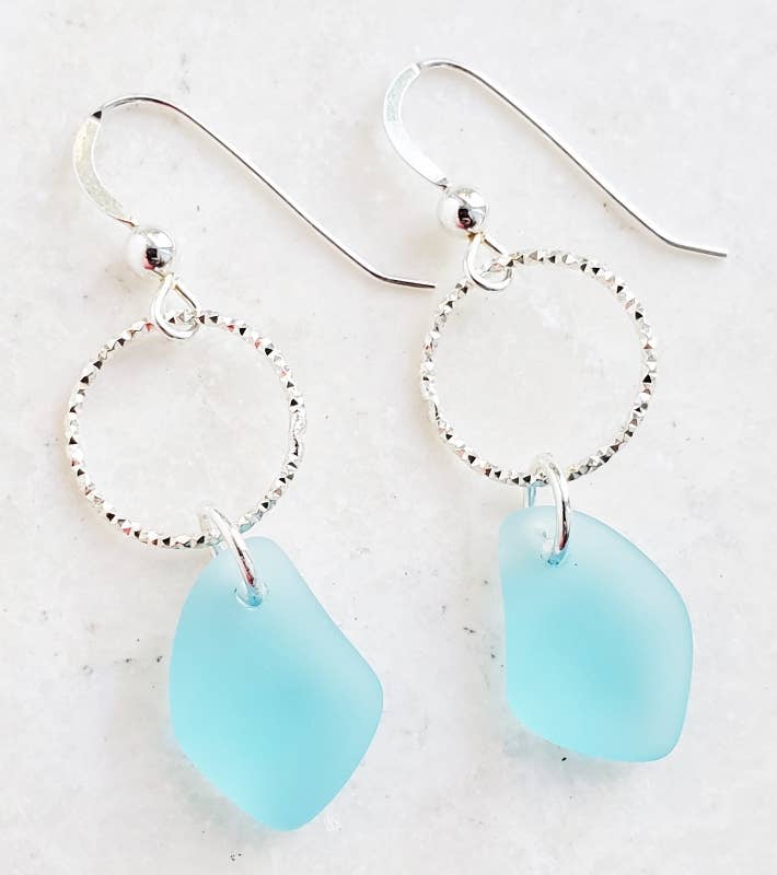 Silver Diamond Cut Sea Glass Pebble Earrings - Turquoise