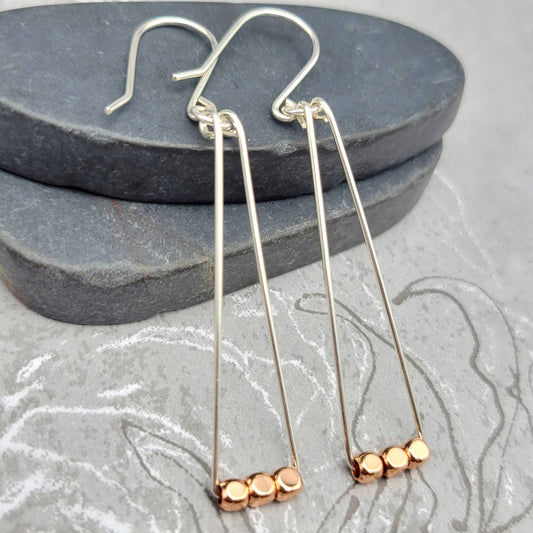 Copper Bead Sterling Silver Triangle Dangle Earrings