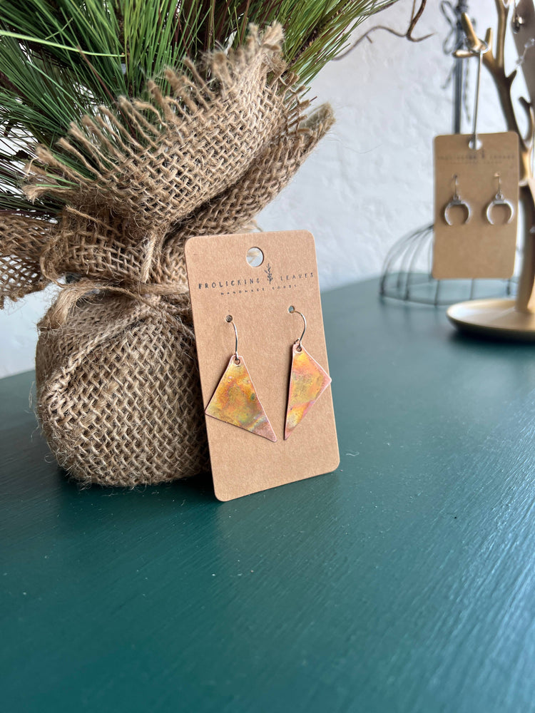 Fire Painted Copper Triangle Earrings: Sterling Silver Ear Wires