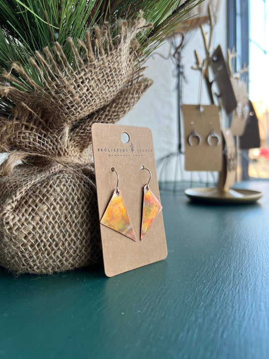 Fire Painted Copper Triangle Earrings: Sterling Silver Ear Wires