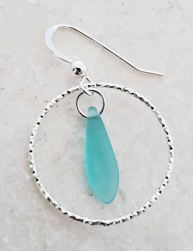 Silver Diamond Cut Eco Sea Glass Dagger Earrings - Turquoise