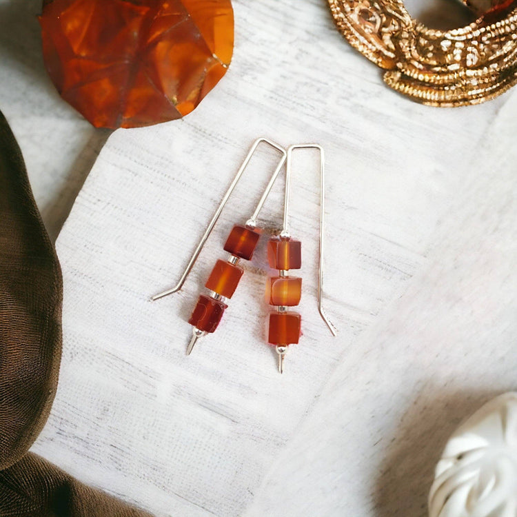 Fall Earrings Sterling Silver Threader with Carnelian Beads