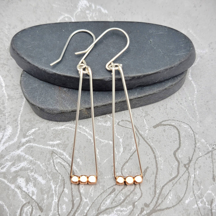 Sterling Silver and Copper Bead Triangle Dangle Earrings