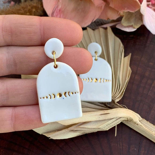 Luna - Porcelain Earrings with Gold: White