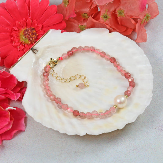 Single Pearl & Strawberry Quartz Bracelet