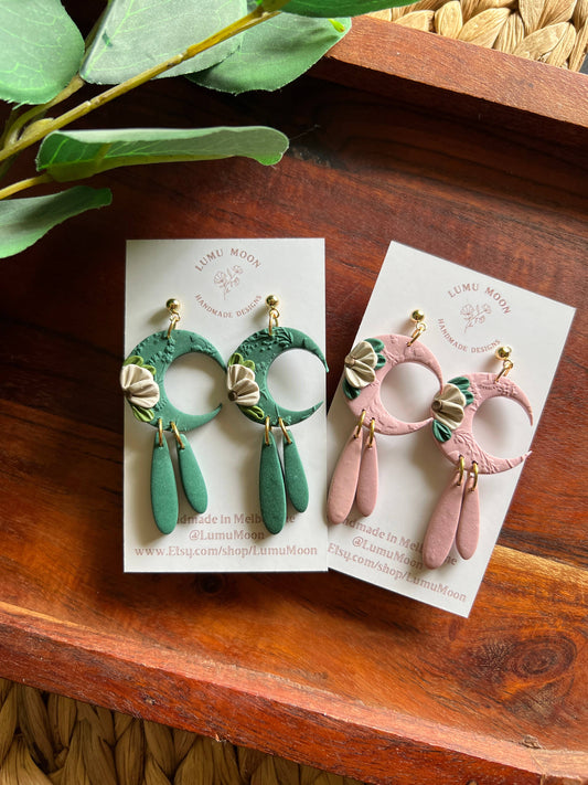 Floral Moon Earrings In Pink