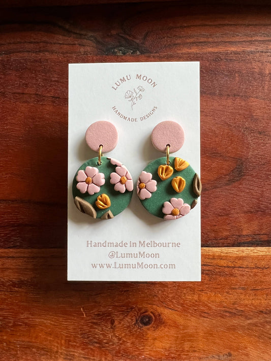 Green and Pink Blossom Earrings Spring