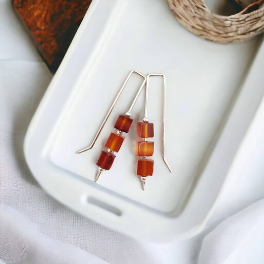 Carnelian Beads Sterling Silver Threader Earrings
