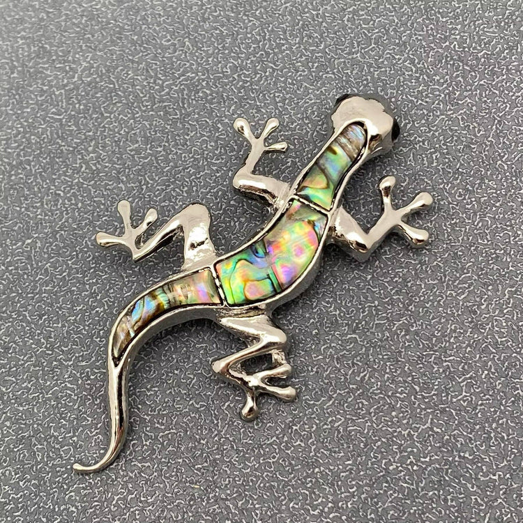 Abalone Shell Silver Tone Gecko Brooch