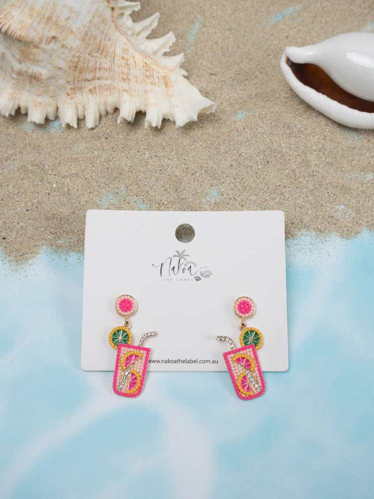 Cocktail Rhinestone Earrings - Hot Pink