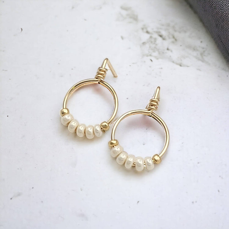 Gold & Pearl Lustre Beaded Hoop Stud Earrings