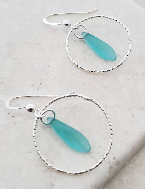 Silver Diamond Cut Eco Sea Glass Dagger Earrings - Turquoise