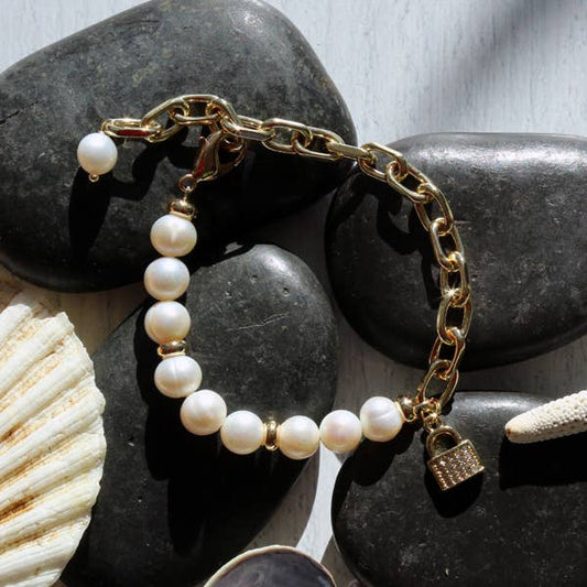 CZ Charm Paperclip Chain & Pearl Bracelet