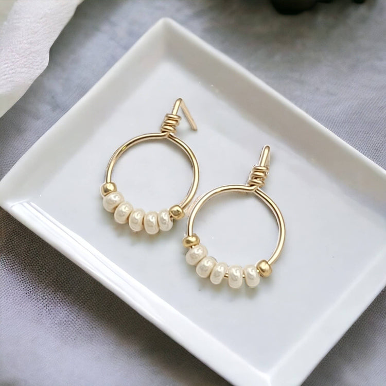Gold & Pearl Lustre Beaded Hoop Stud Earrings