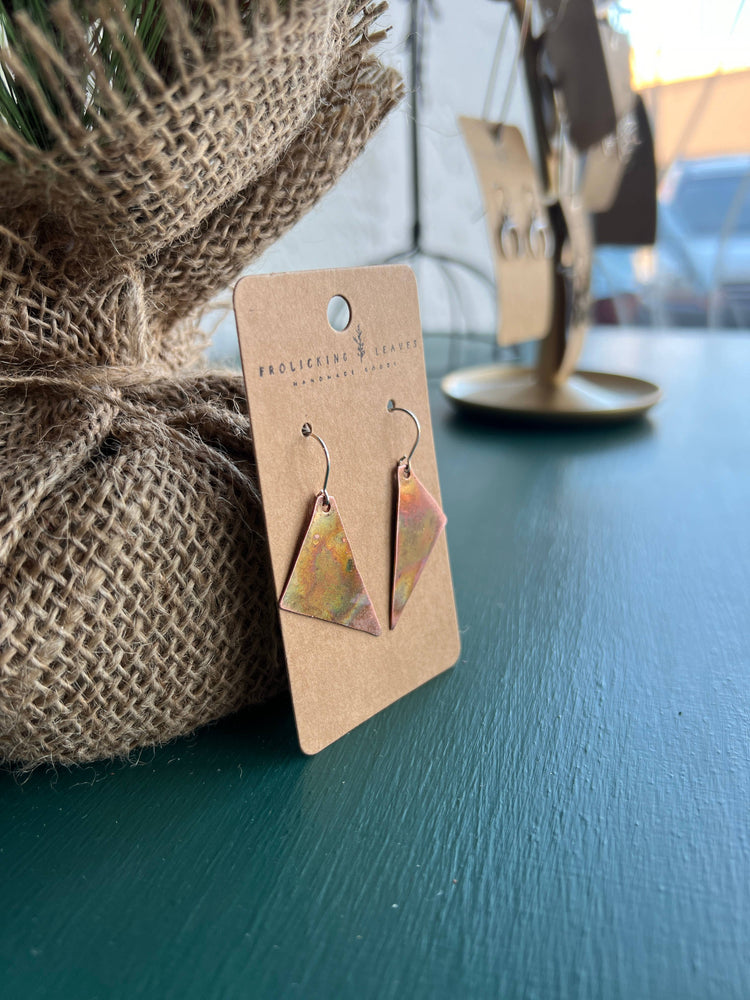 Fire Painted Copper Triangle Earrings: Sterling Silver Ear Wires