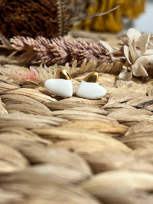 Heart with gold - Ceramic Stud Earrings : White