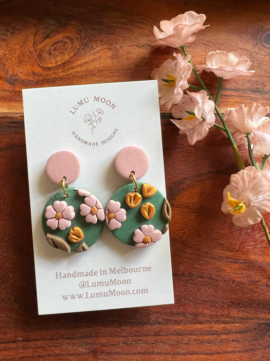 Green and Pink Blossom Earrings Spring
